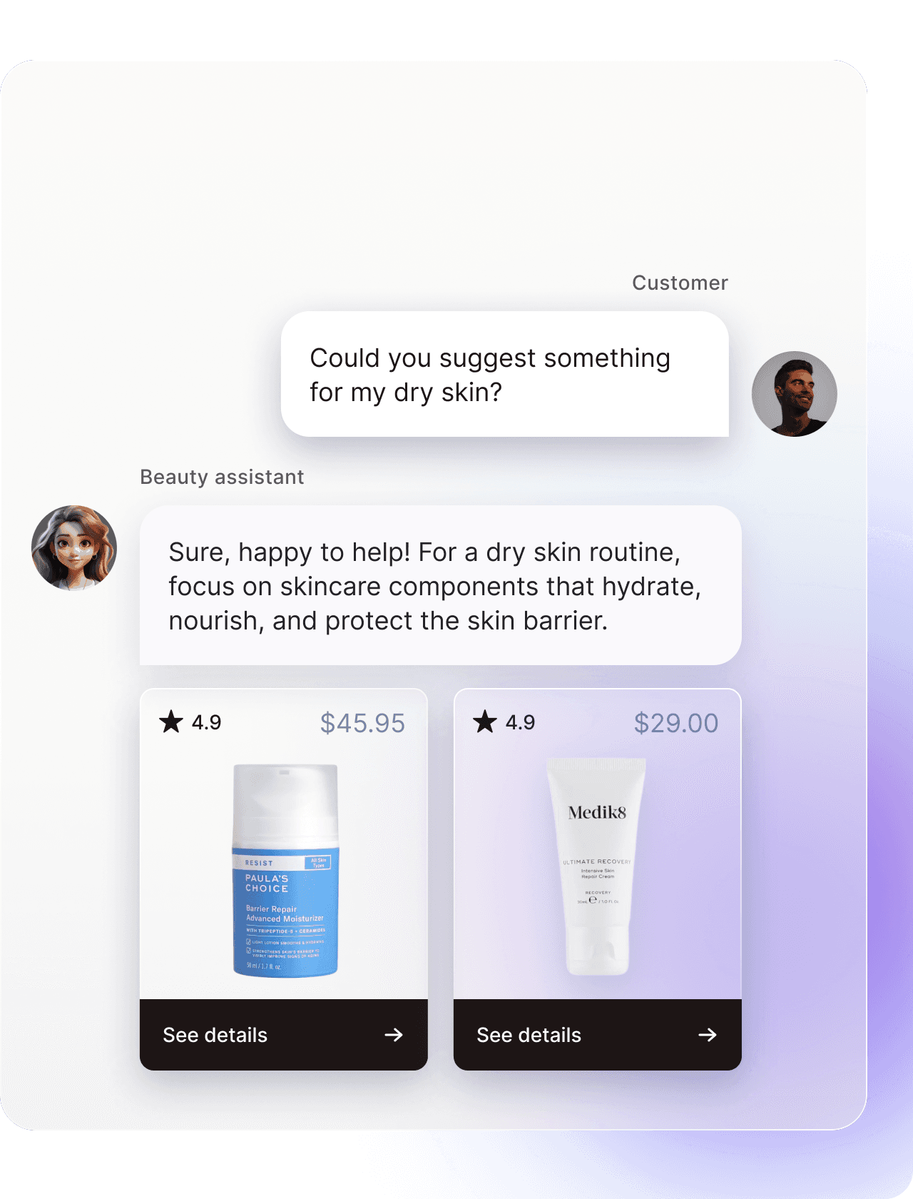 AI shopping assistant recommending skincare products.
