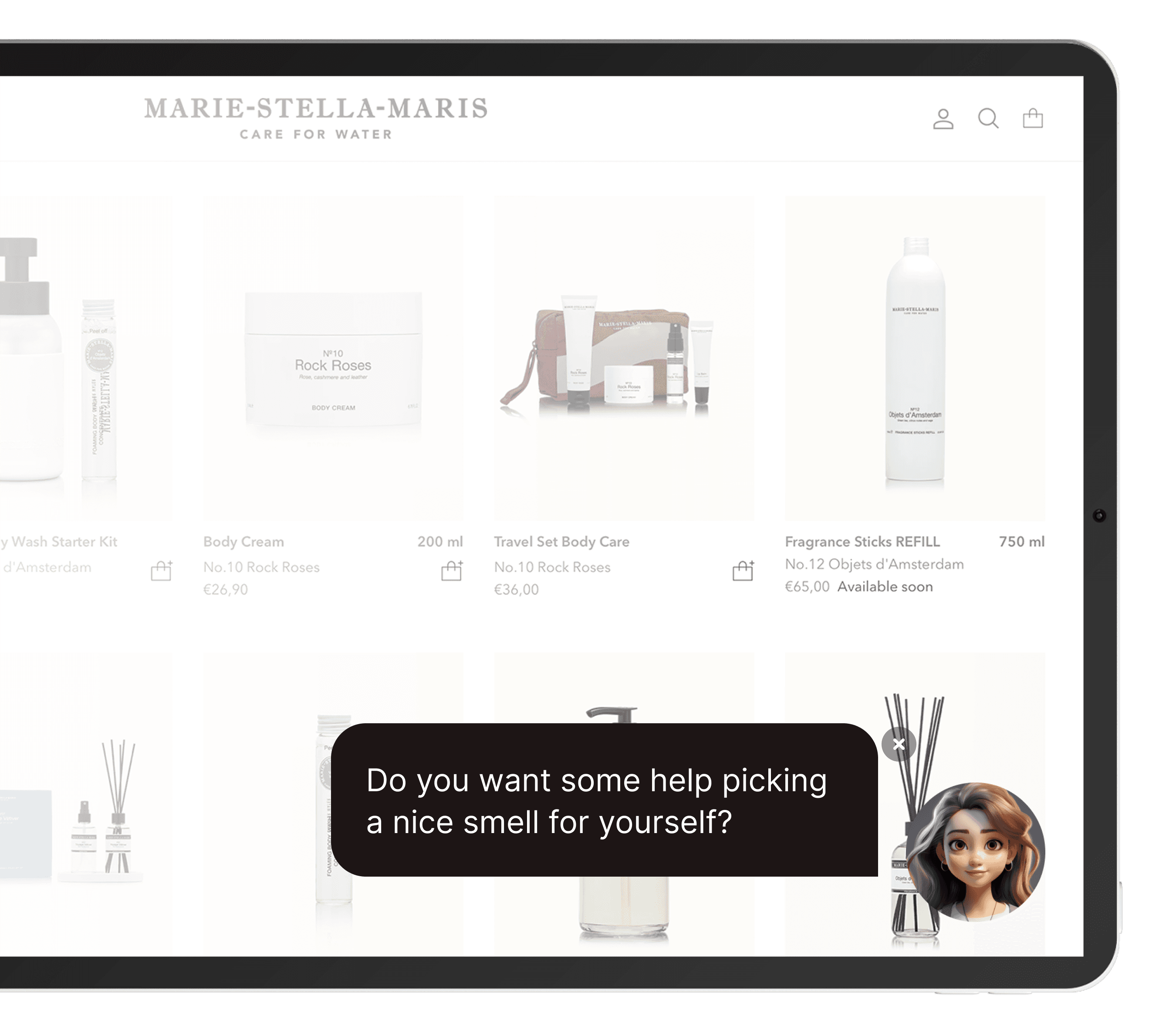 Storefront with an AI shopping assistant message overlay.