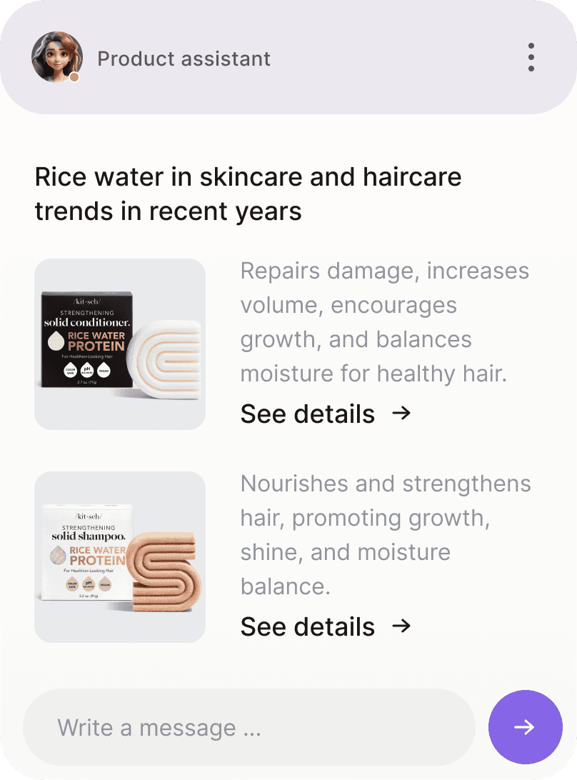 Product assistant recommending rice-water haircare products.